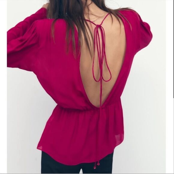 NWT Zara Semi Sheer Open Back Blouse Fuchsia Medium - Picture 2 of 12